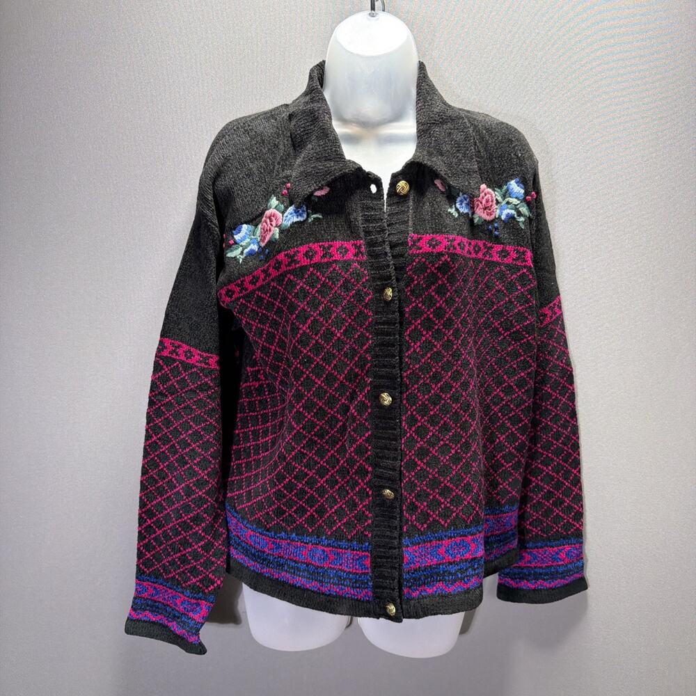 Vintage Koret Black Embroidered Floral Knit Cardigan Sweater Women's Size Large